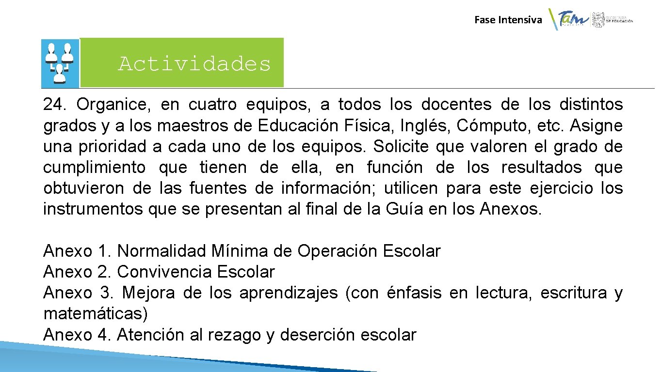 Fase Intensiva Actividades 24. Organice, en cuatro equipos, a todos los docentes de los