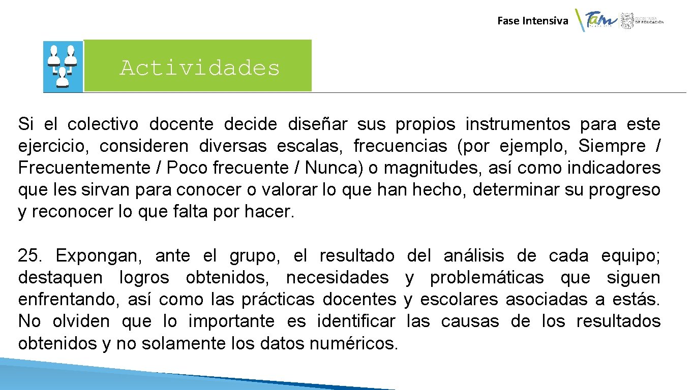 Fase Intensiva Actividades Si el colectivo docente decide diseñar sus propios instrumentos para este