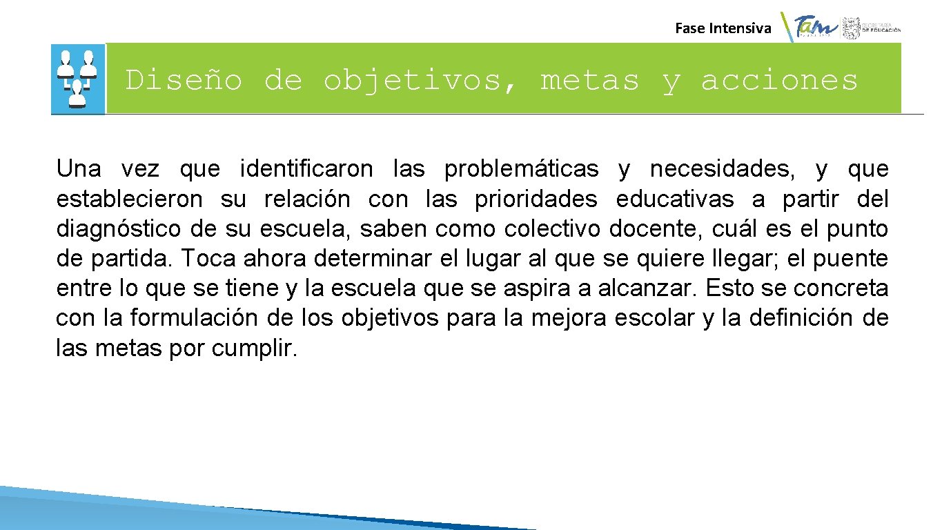 Fase Intensiva Diseño de objetivos, metas y acciones Una vez que identificaron las problemáticas