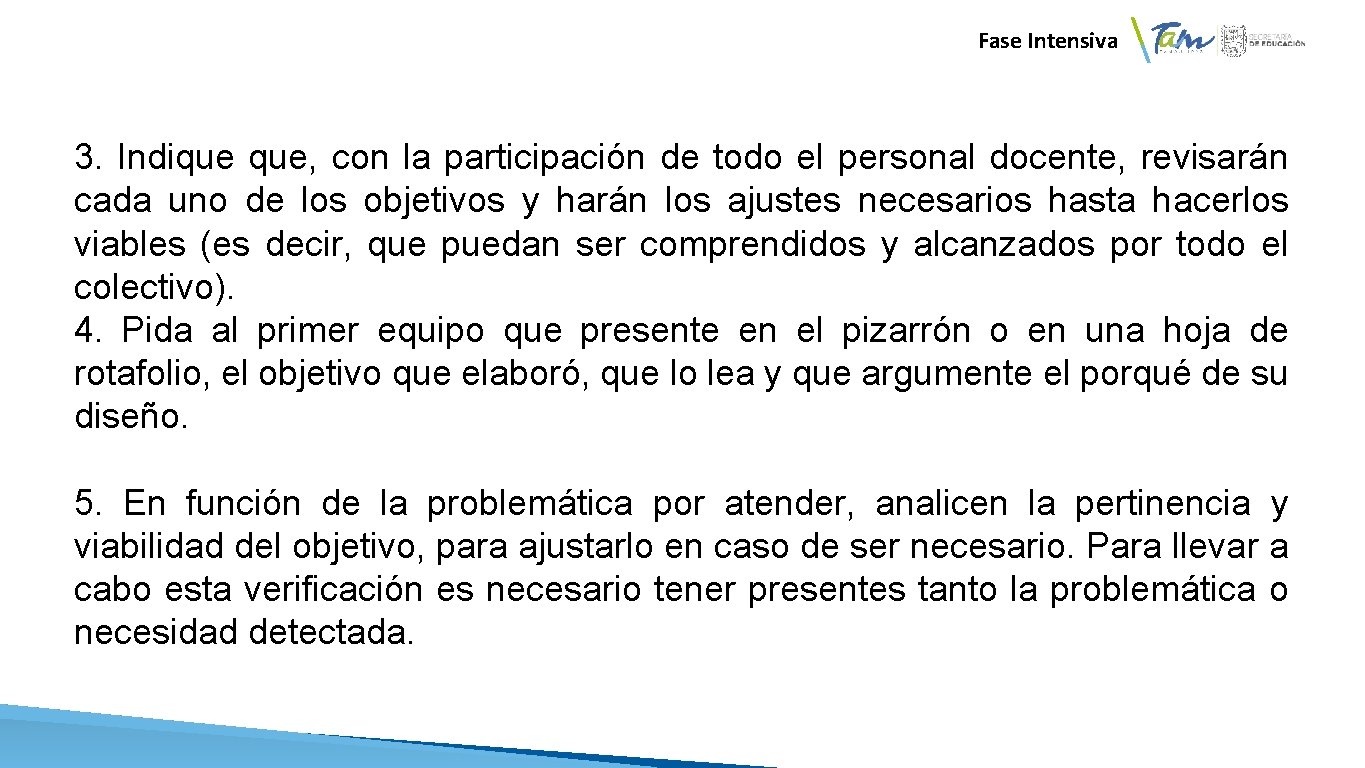 Fase Intensiva 3. Indique que, con la participación de todo el personal docente, revisarán