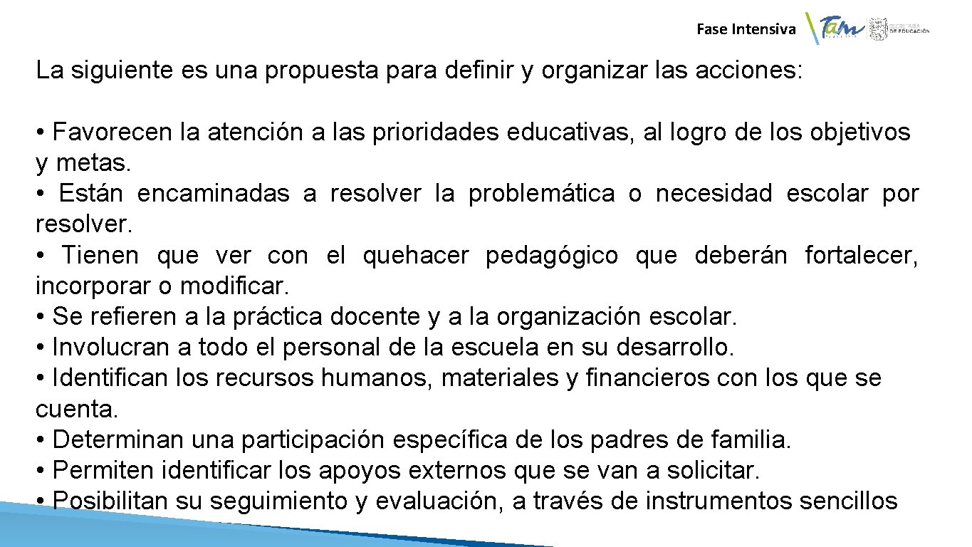 Fase Intensiva La siguiente es una propuesta para definir y organizar las acciones: •