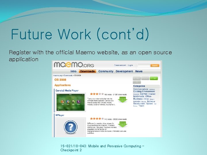 Future Work (cont’d) Register with the official Maemo website, as an open source application