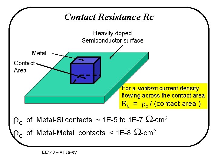 Contact Resistance Rc Heavily doped Semiconductor surface Metal Contact Area For a uniform current