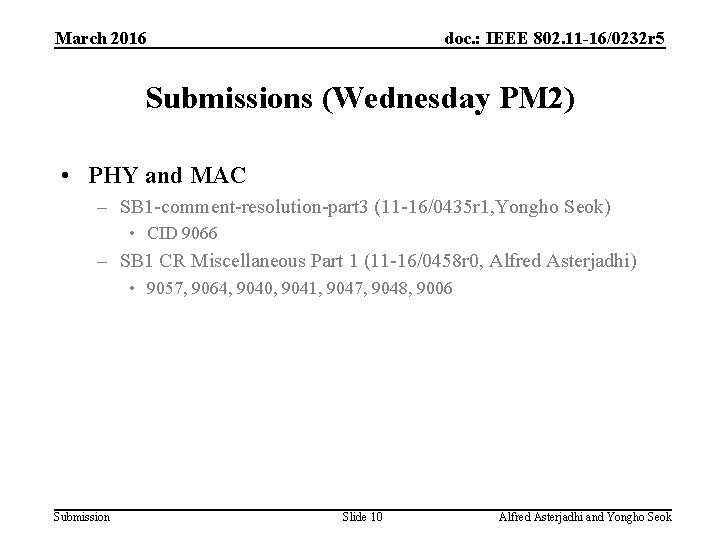 March 2016 doc. : IEEE 802. 11 -16/0232 r 5 Submissions (Wednesday PM 2)