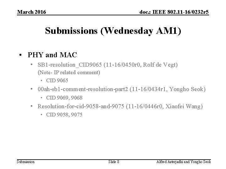 March 2016 doc. : IEEE 802. 11 -16/0232 r 5 Submissions (Wednesday AM 1)