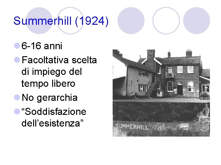 Summerhill (1924) l 6 -16 anni l Facoltativa scelta di impiego del tempo libero