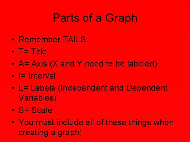 Parts of a Graph • • • Remember TAILS T= Title A= Axis (X