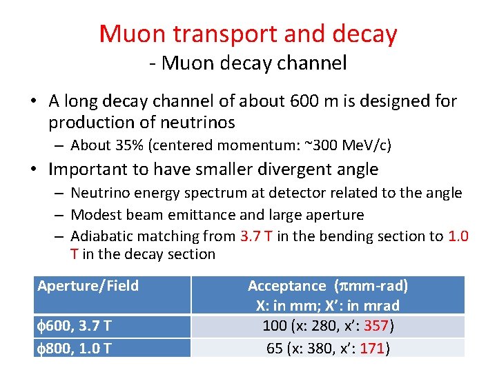 Muon transport and decay - Muon decay channel • A long decay channel of