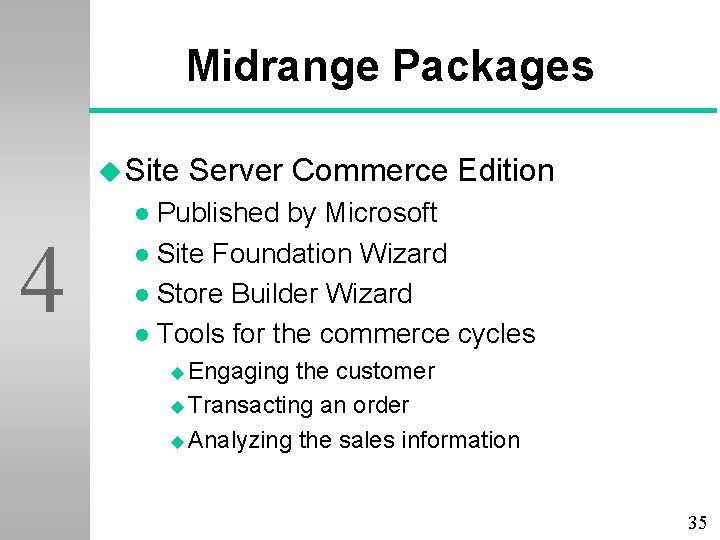 Midrange Packages u Site Server Commerce Edition Published by Microsoft l Site Foundation Wizard