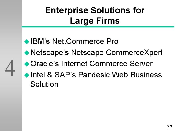 Enterprise Solutions for Large Firms u IBM’s 4 Net. Commerce Pro u Netscape’s Netscape