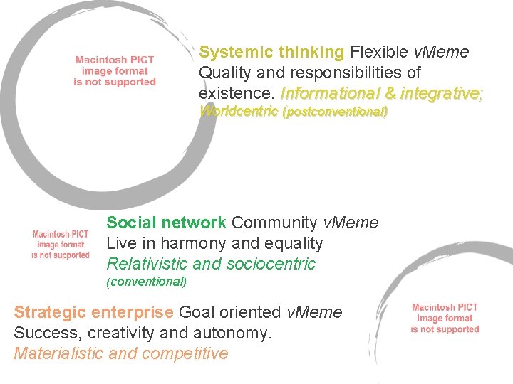 Systemic thinking Flexible v. Meme Quality and responsibilities of existence. Informational & integrative; Worldcentric