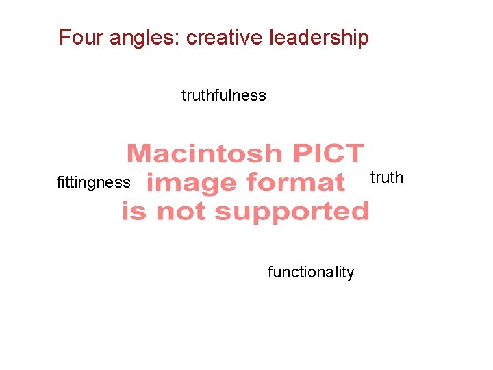 Four angles: creative leadership truthfulness truth fittingness functionality 