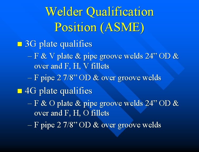 Welder Qualification Position (ASME) n 3 G plate qualifies – F & V plate Welder Qualification Position (ASME) n 3 G plate qualifies – F & V plate