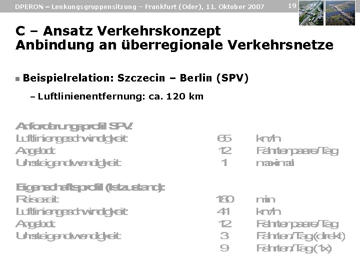 DPERON – Lenkungsgruppensitzung – Frankfurt (Oder), 11. Oktober 2007 19 C – Ansatz Verkehrskonzept