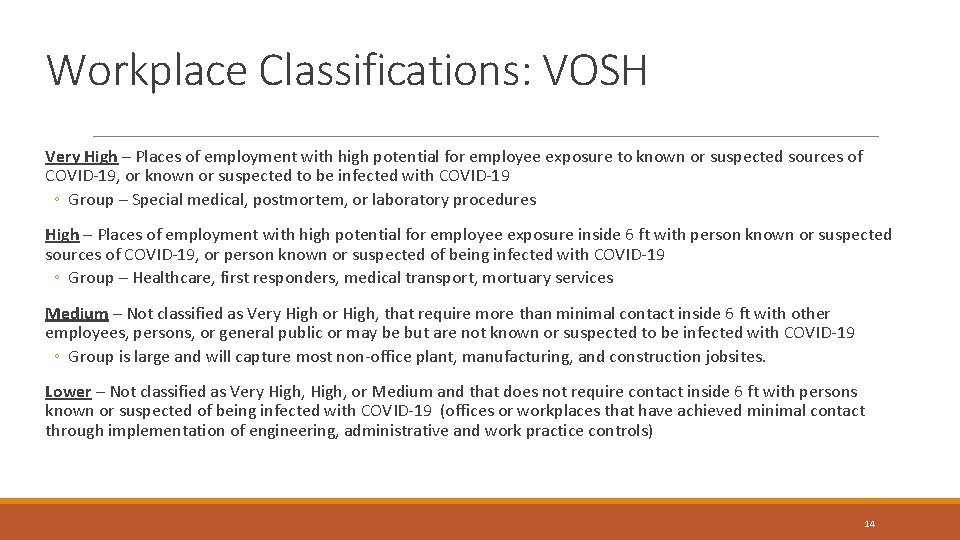 Workplace Classifications: VOSH Very High – Places of employment with high potential for employee Workplace Classifications: VOSH Very High – Places of employment with high potential for employee
