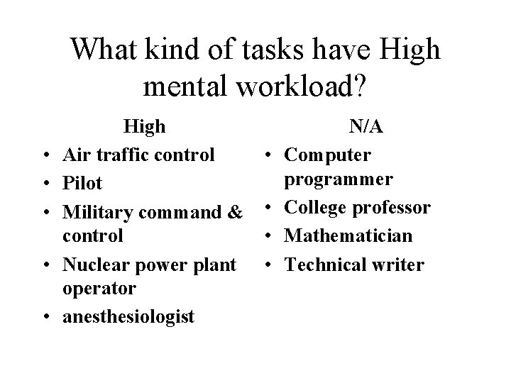 What kind of tasks have High mental workload? • • • High Air traffic