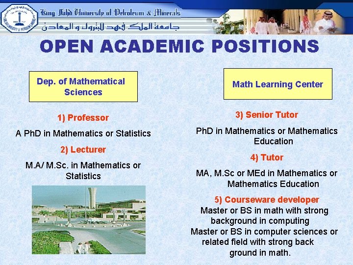 OPEN ACADEMIC POSITIONS Dep. of Mathematical Sciences Math Learning Center 1) Professor 3) Senior