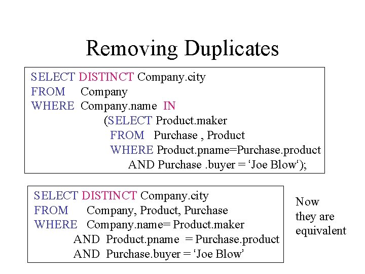 Removing Duplicates SELECT DISTINCT Company. city FROM Company WHERE Company. name IN (SELECT Product.