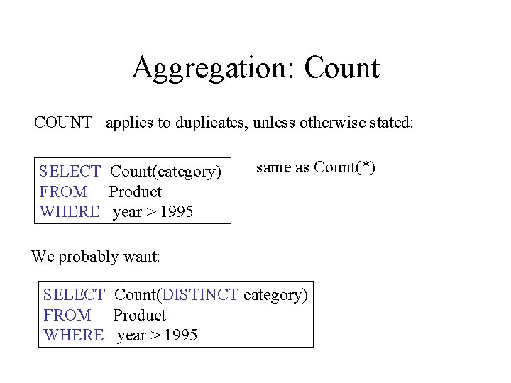 Aggregation: Count COUNT applies to duplicates, unless otherwise stated: SELECT Count(category) FROM Product WHERE