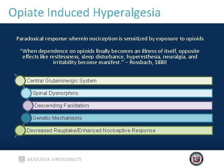 Opiate Induced Hyperalgesia Paradoxical response wherein nociception is sensitized by exposure to opioids “When Opiate Induced Hyperalgesia Paradoxical response wherein nociception is sensitized by exposure to opioids “When