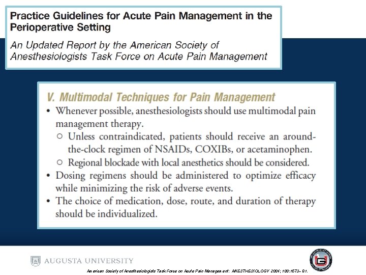 American Society of Anesthesiologists Task Force on Acute Pain Management: ANESTHESIOLOGY 2004; 100: 1573– American Society of Anesthesiologists Task Force on Acute Pain Management: ANESTHESIOLOGY 2004; 100: 1573–