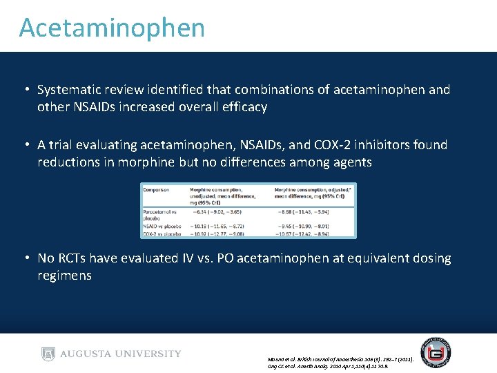 Acetaminophen • Systematic review identified that combinations of acetaminophen and other NSAIDs increased overall Acetaminophen • Systematic review identified that combinations of acetaminophen and other NSAIDs increased overall