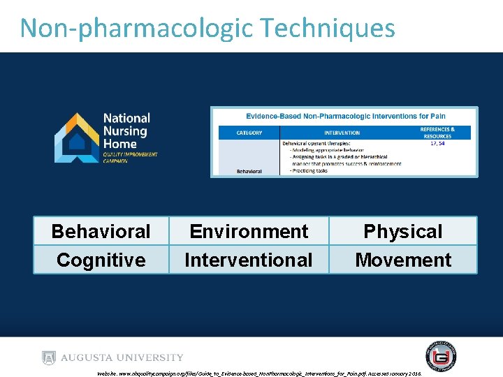 Non-pharmacologic Techniques Behavioral Cognitive Environment Interventional Physical Movement Website: www. nhqualitycampaign. org/files/Guide_to_Evidence-based_Non. Pharmacologic_Interventions_for_Pain. pdf. Non-pharmacologic Techniques Behavioral Cognitive Environment Interventional Physical Movement Website: www. nhqualitycampaign. org/files/Guide_to_Evidence-based_Non. Pharmacologic_Interventions_for_Pain. pdf.