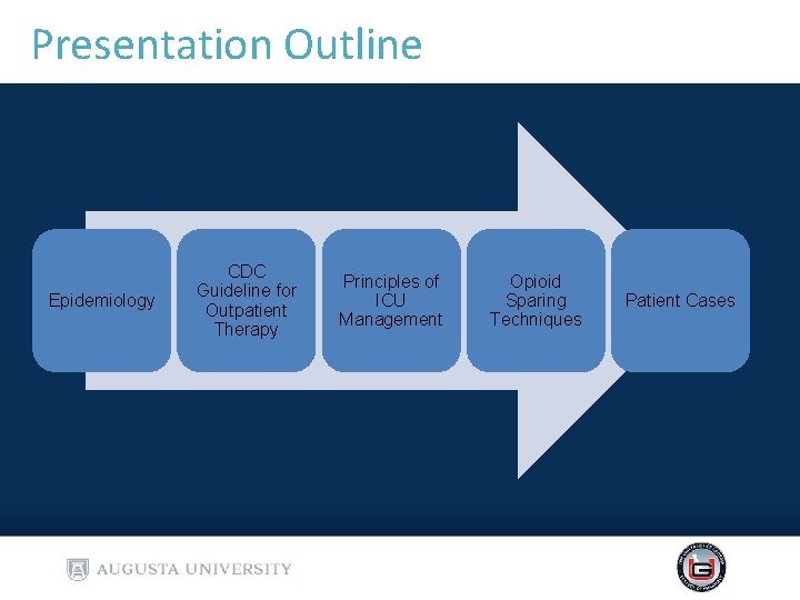 Presentation Outline Epidemiology CDC Guideline for Outpatient Therapy Principles of ICU Management Opioid Sparing Presentation Outline Epidemiology CDC Guideline for Outpatient Therapy Principles of ICU Management Opioid Sparing