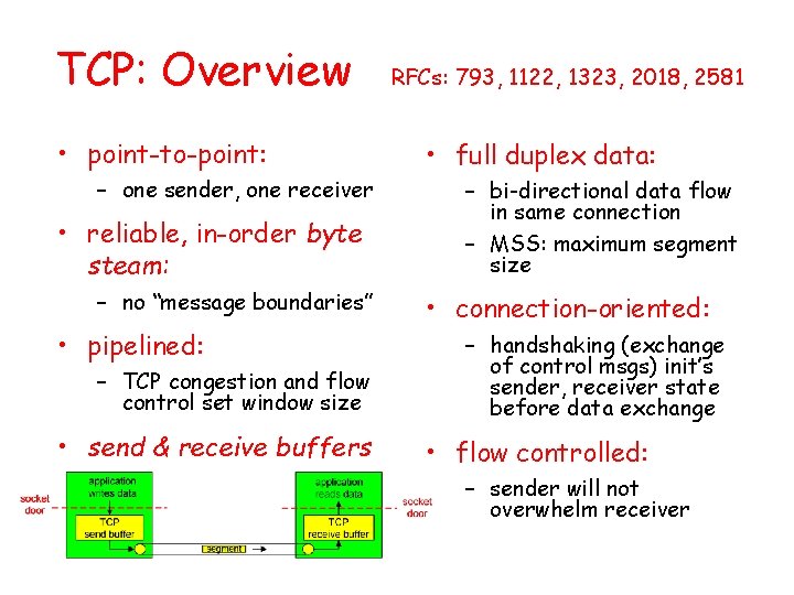 TCP: Overview • point-to-point: – one sender, one receiver • reliable, in-order byte steam: