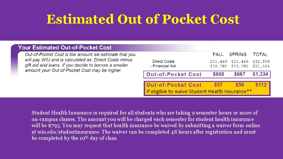 Estimated Out of Pocket Cost Student Health Insurance is required for all students who