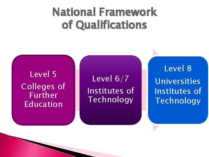 National Framework of Qualifications Level 5 Colleges of Further Education Level 6/7 Institutes of