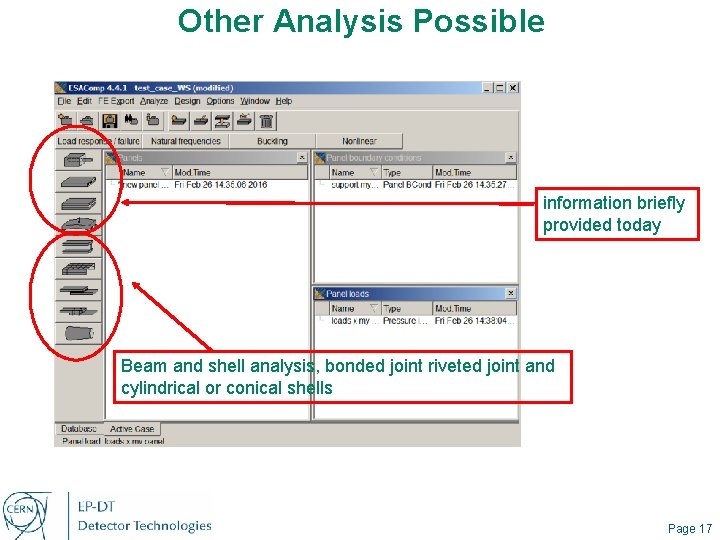 Other Analysis Possible information briefly provided today Beam and shell analysis, bonded joint riveted