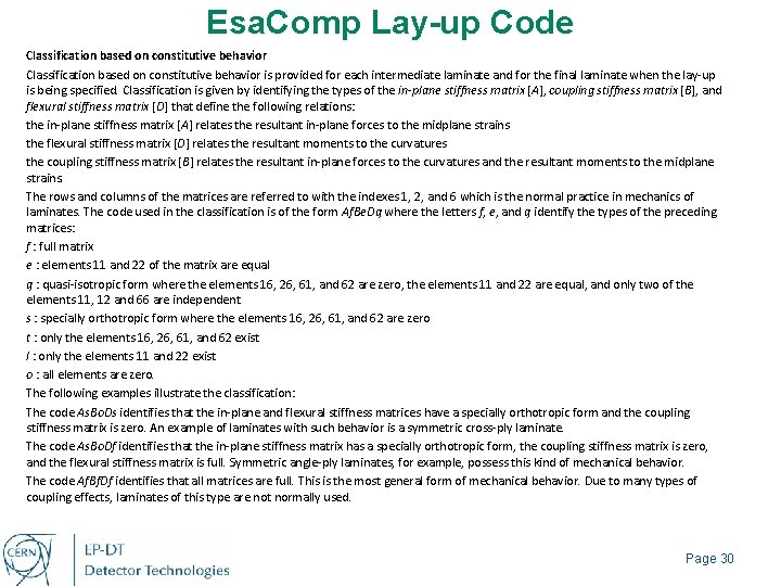 Esa. Comp Lay-up Code Classification based on constitutive behavior is provided for each intermediate