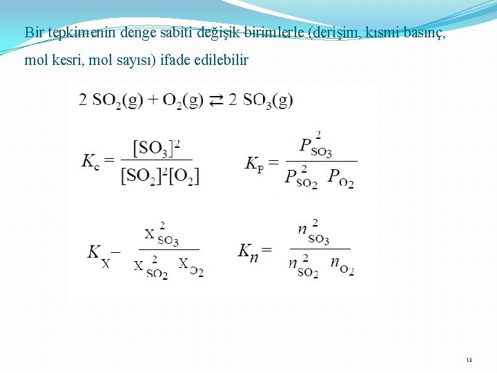 Bir tepkimenin denge sabiti değişik birimlerle (derişim, kısmi basınç, mol kesri, mol sayısı) ifade