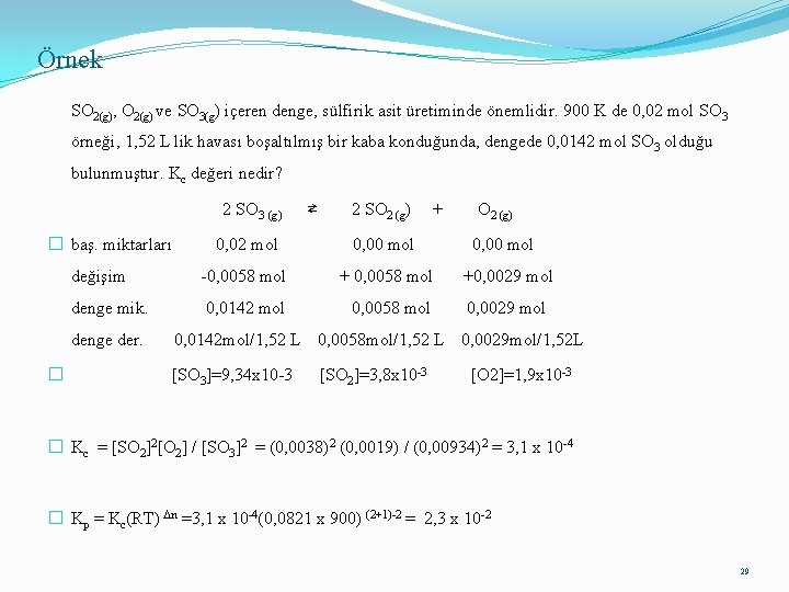 Örnek SO 2(g), O 2(g) ve SO 3(g) içeren denge, sülfirik asit üretiminde önemlidir.