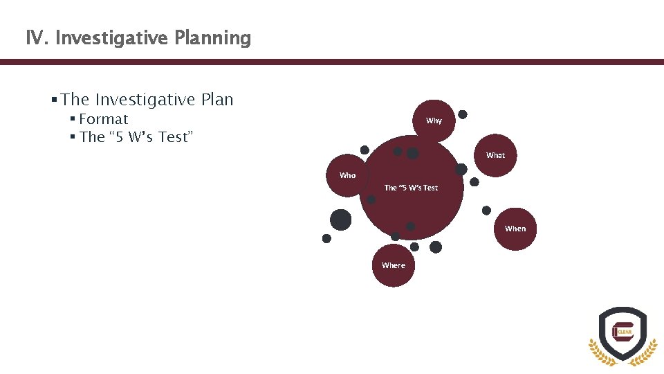 IV. Investigative Planning § The Investigative Plan § Format § The “ 5 W’s