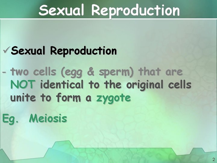 Sexual Reproduction üSexual Reproduction - two cells (egg & sperm) that are NOT identical