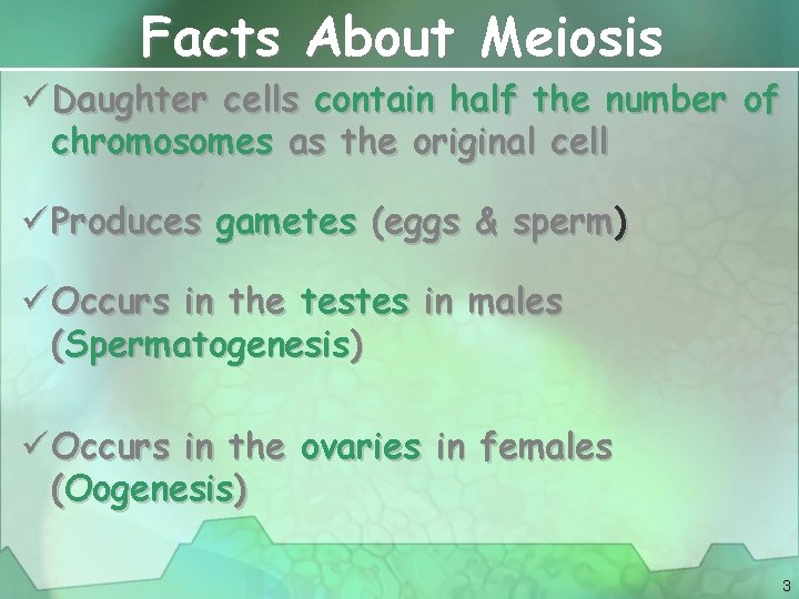 Facts About Meiosis ü Daughter cells contain half the number of chromosomes as the