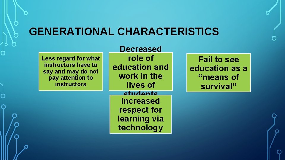 GENERATIONAL CHARACTERISTICS Less regard for what instructors have to say and may do not