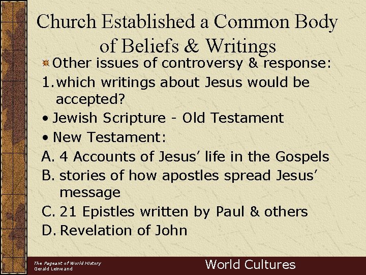 Church Established a Common Body of Beliefs & Writings Other issues of controversy &