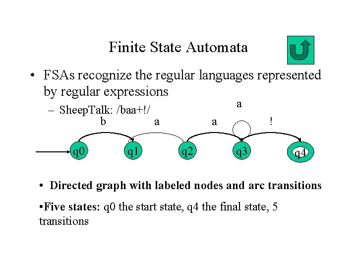 Finite State Automata • FSAs recognize the regular languages represented by regular expressions a