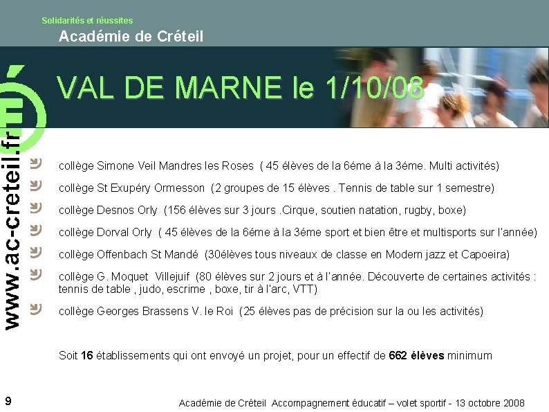 Solidarités et réussites Académie de Créteil VAL DE MARNE le 1/10/08 collège Simone Veil