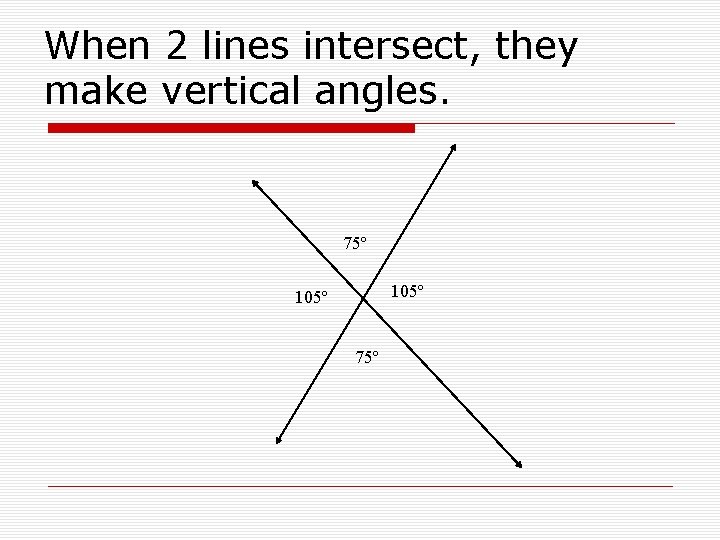 When 2 lines intersect, they make vertical angles. 75º 105º 75º 
