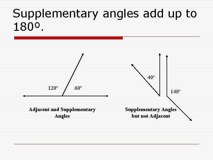 Supplementary angles add up to 180º. 40º 120º 60º Adjacent and Supplementary Angles 140º