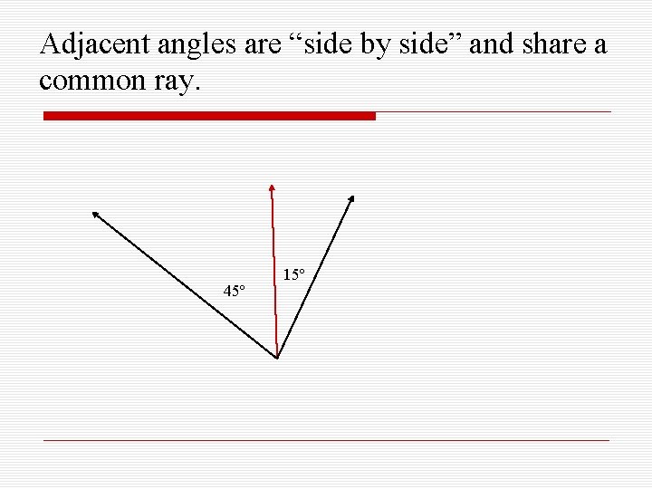 Adjacent angles are “side by side” and share a common ray. 45º 15º 