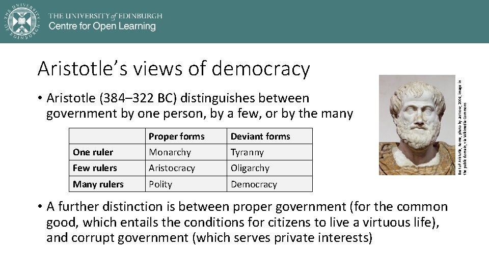  • Aristotle (384– 322 BC) distinguishes between government by one person, by a