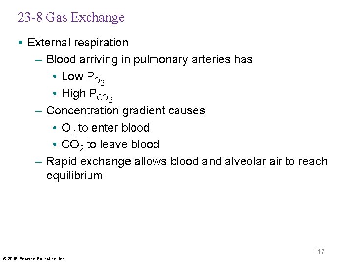 23 -8 Gas Exchange § External respiration – Blood arriving in pulmonary arteries has