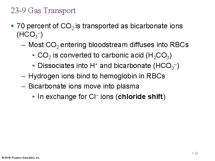 23 -9 Gas Transport § 70 percent of CO 2 is transported as bicarbonate