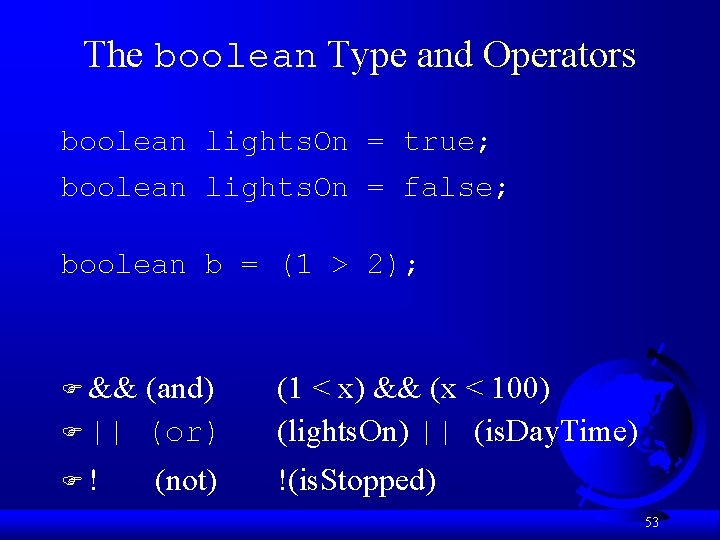 The boolean Type and Operators boolean lights. On = true; boolean lights. On =