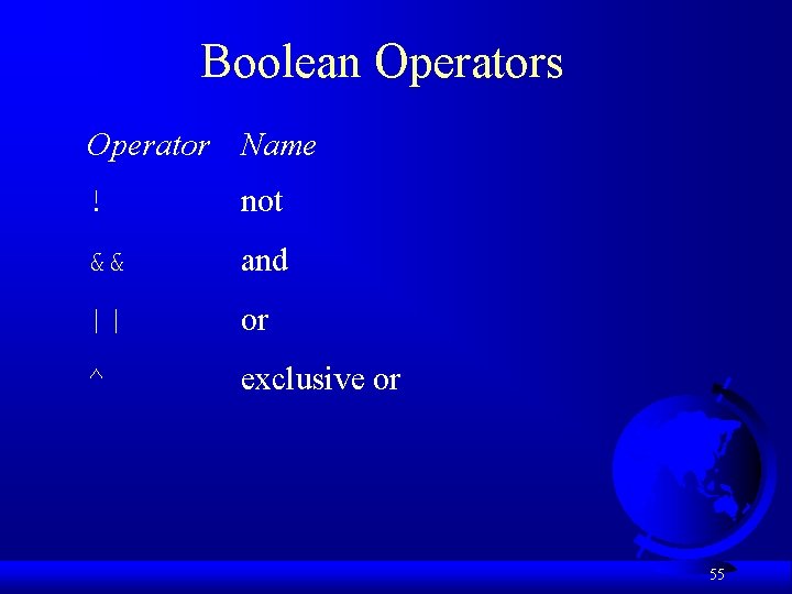 Boolean Operators Operator Name ! not && and || or ^ exclusive or 55